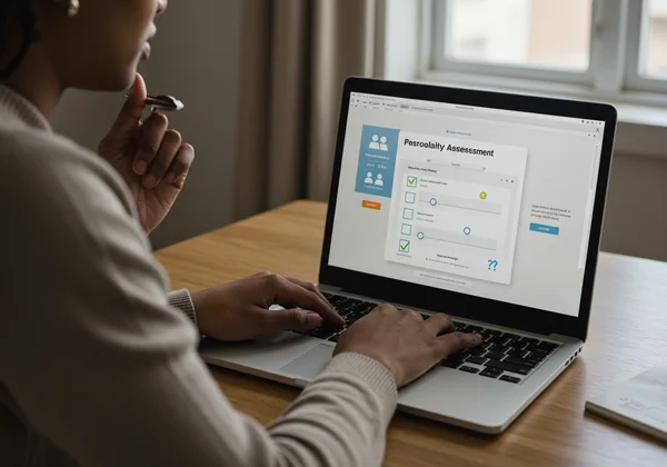 Person interacting with a confidential online NPD screening tool