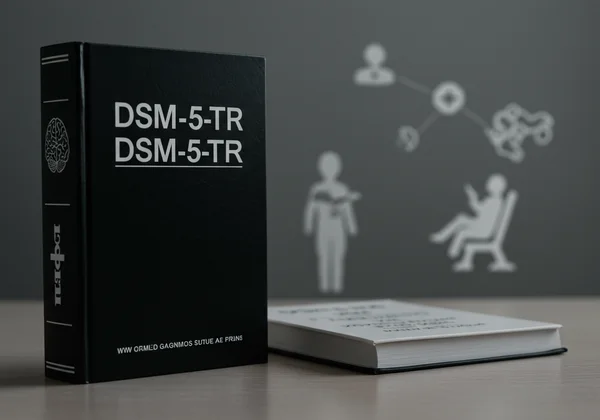 DSM-5-TR book with mental health professional symbols