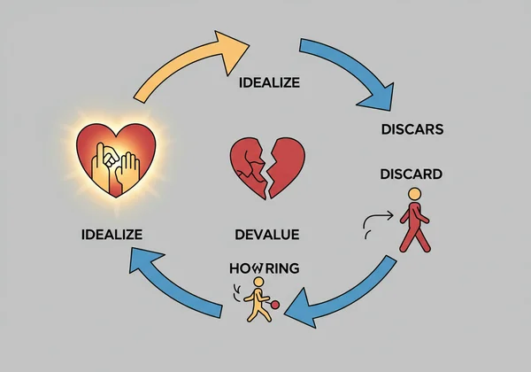 Diagram of the narcissistic abuse cycle: idealize, devalue, discard