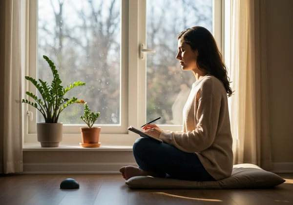 Person in a serene setting, practicing self-care and healing