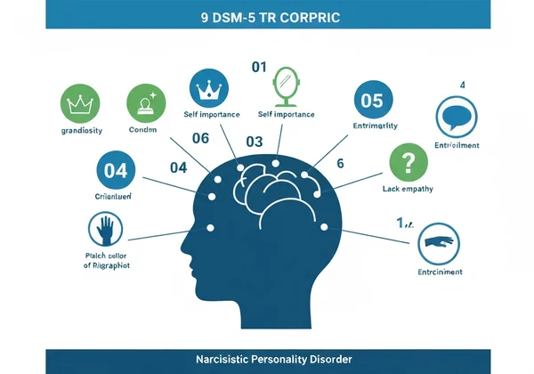 Illustrating the 9 DSM-5 TR criteria for Narcissistic Disorder.