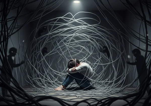 Visual metaphor for emotional exhaustion and confusion.