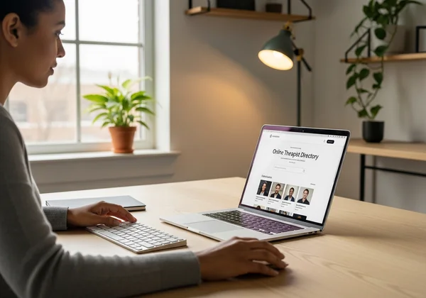 User searching for a therapist online on a laptop